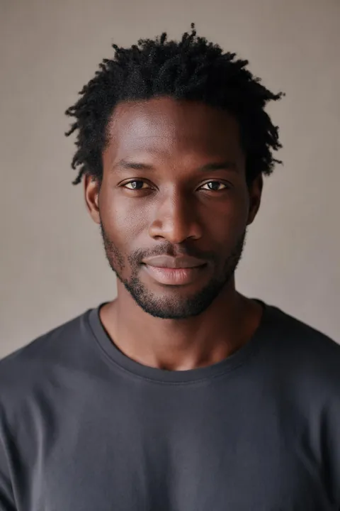 Jordan's photo: short natural hair grown out unevenly and a patchy beard.