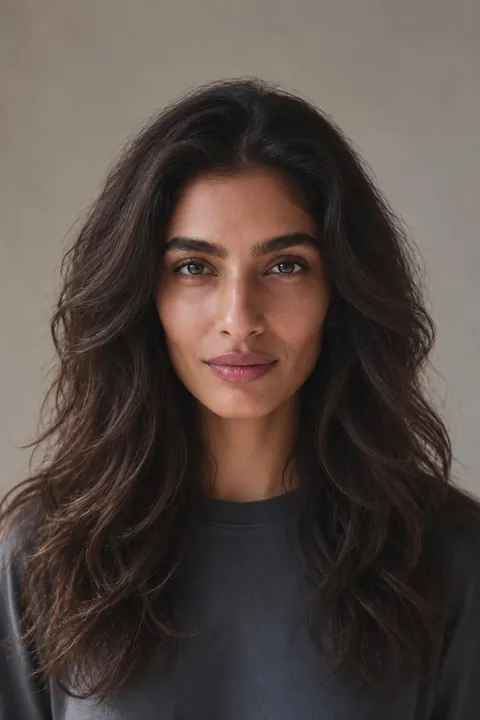 Priya's preview: long layers, lifted brows and defined lashes, length kept. Same face.