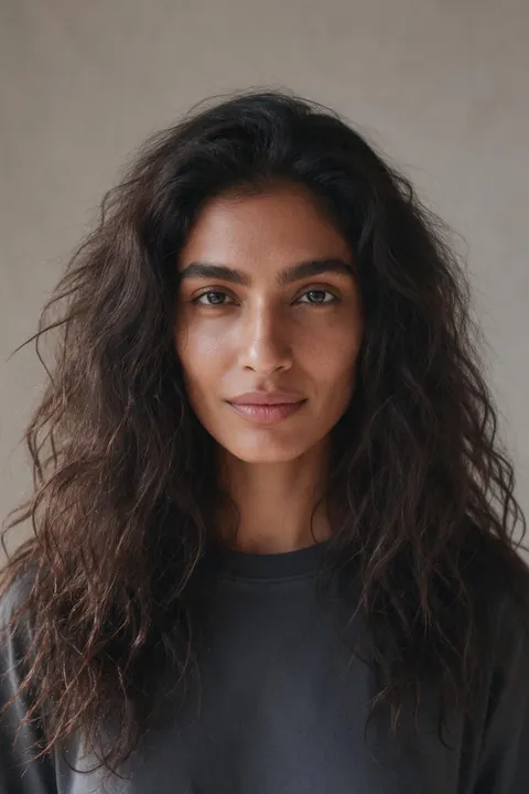 Priya's photo: long wavy dark hair, frizzy and unstructured.