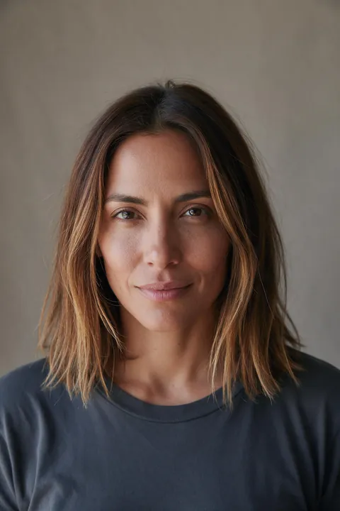Sofia's photo: shoulder-length hair with brassy grown-out highlights.