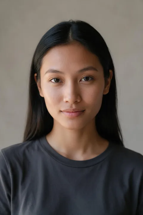 Vivian's photo: long straight black hair worn plainly with a center part, no makeup.